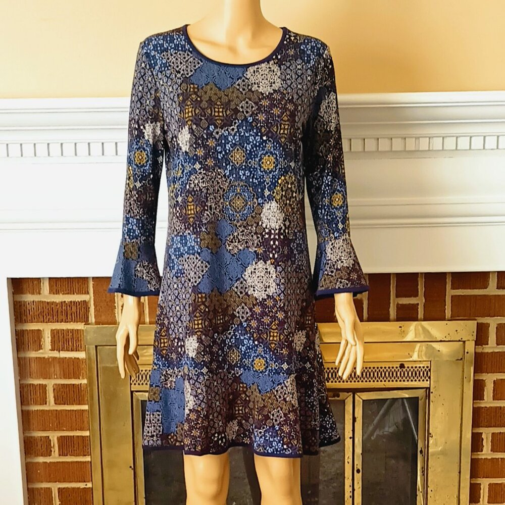Michael Kors Medallion-Print Dress M Navy 3/4 Bell Sleeves Flutter Hem Stretch